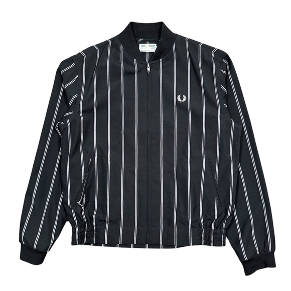 Vintage Y2K Fred Perry Striped Black White Viscose Blend Bomber Jacket Mens 42 - Picture 1 of 12